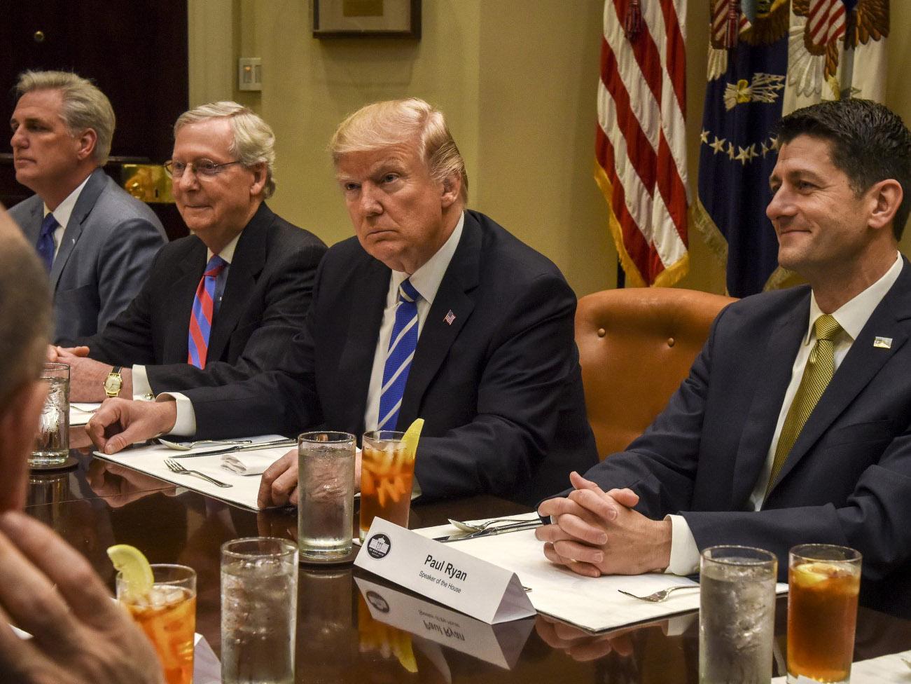 President Trump meets with Republican congressional leadership, including Senate Majority Leader Mitch McConnell, second left, and House Speaker Paul Ryan, right, at the White House