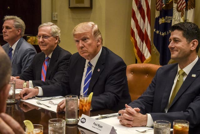 President Trump meets with Republican congressional leadership, including Senate Majority Leader Mitch McConnell, second left, and House Speaker Paul Ryan, right, at the White House