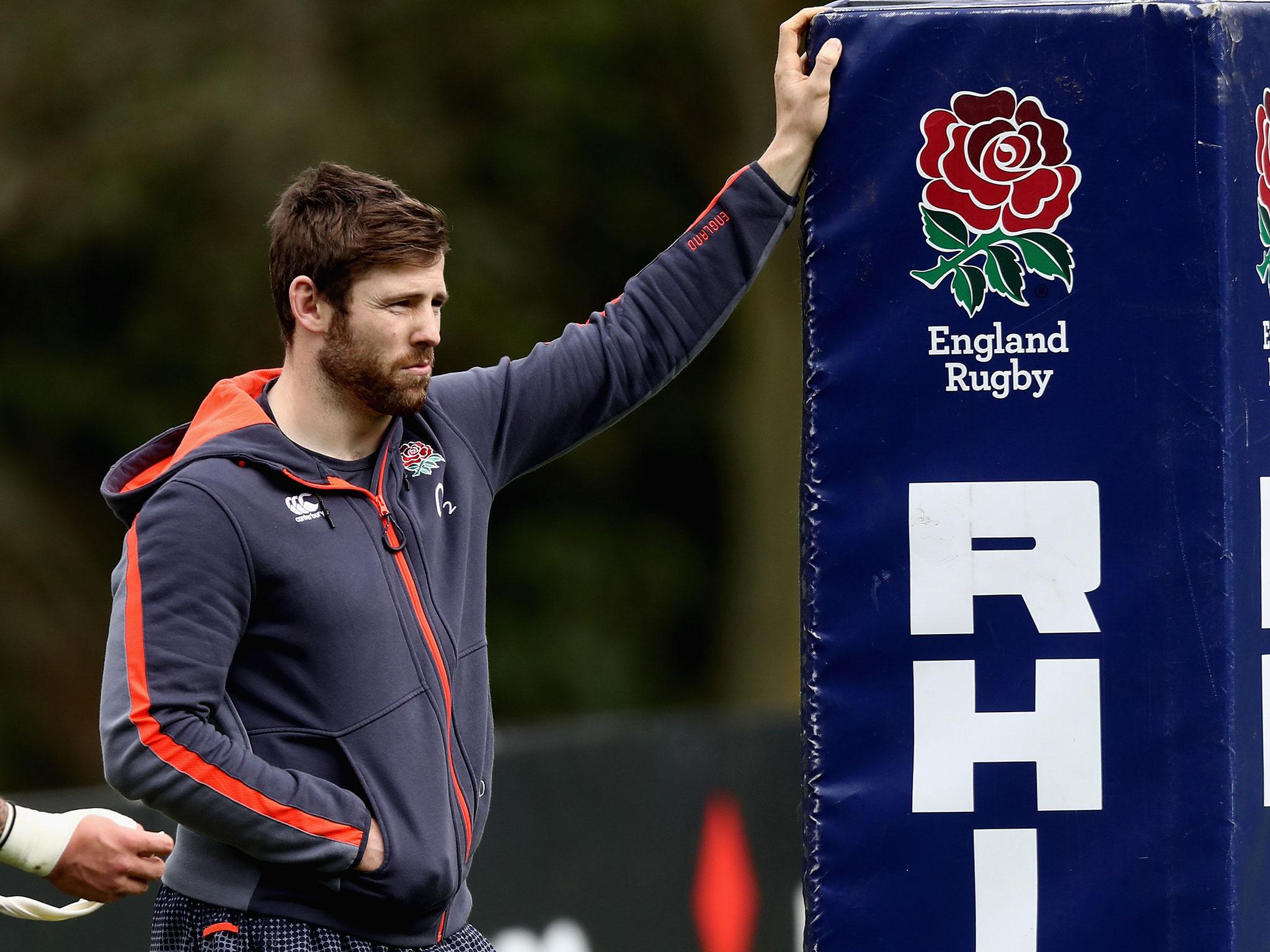 Elliot Daly looks on during an England training session ahead of their Grand Slam decider with Ireland