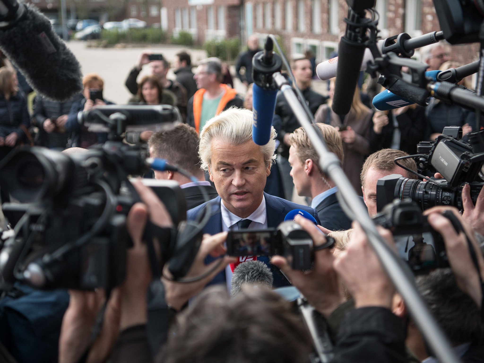 Geert Wilders speaks to the media after casting his vote during the Dutch general election, on 15 March, 2017 in The Hague
