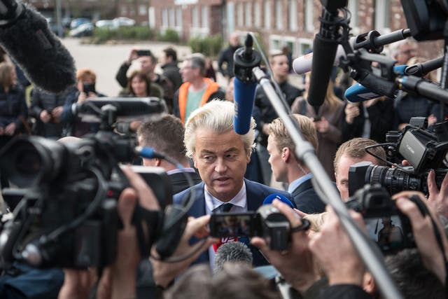 Geert Wilders speaks to the media after casting his vote during the Dutch general election, on 15 March, 2017 in The Hague