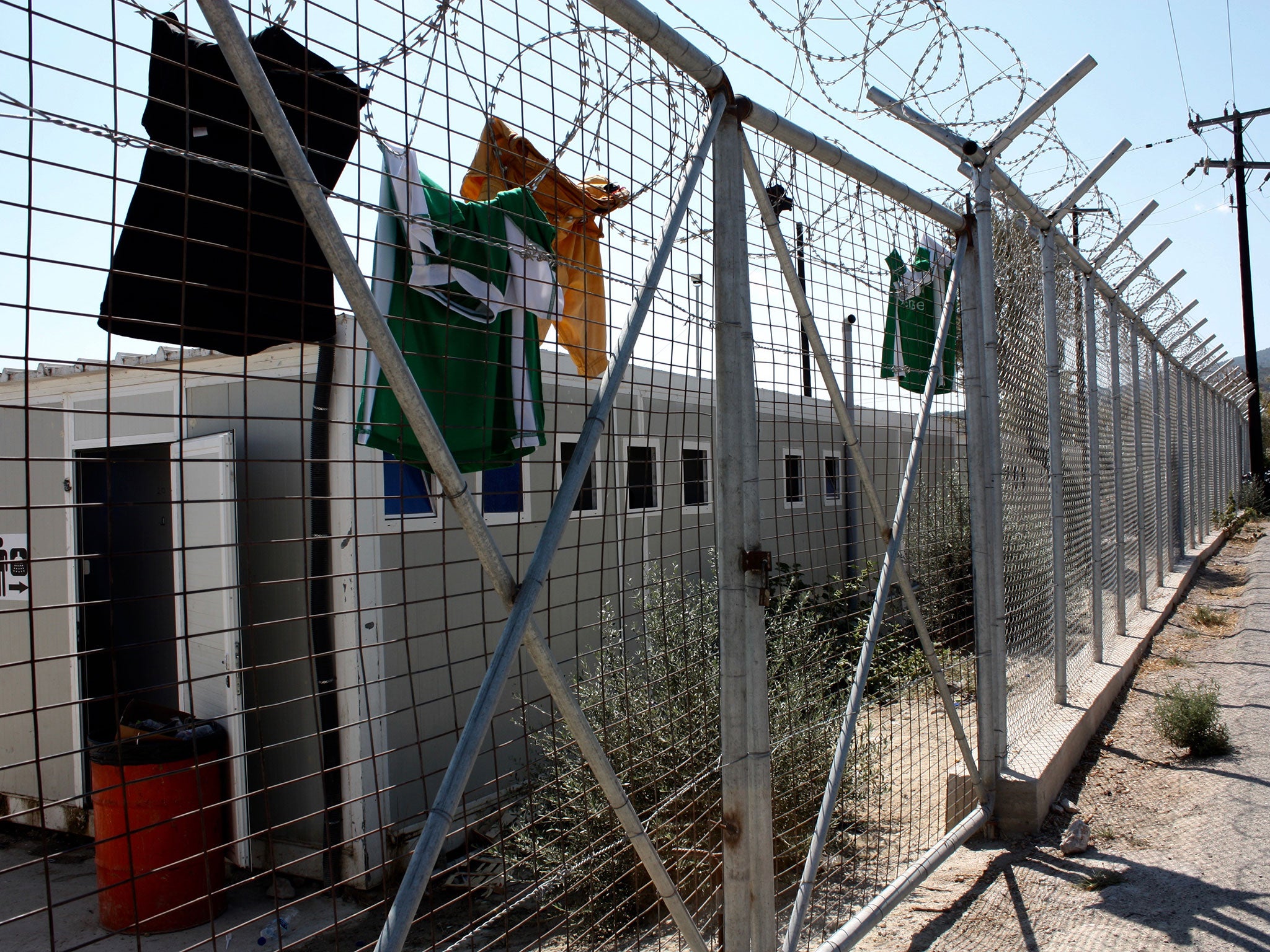 Clothes hung out to dry at the Vial detention centre on the Greek island of Chios