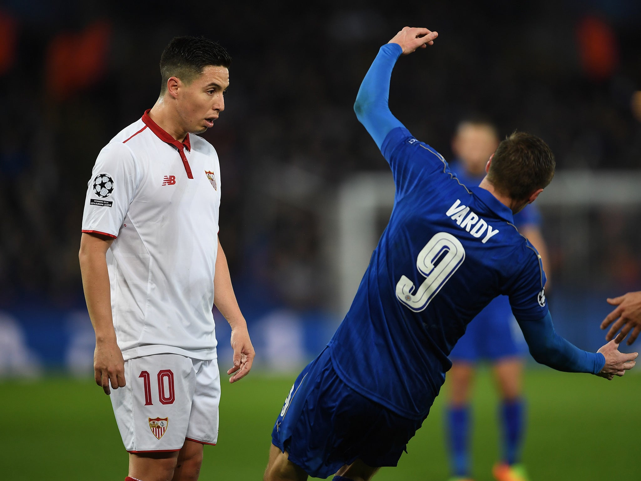 Samir Nasri was shown a red card after appearing to butt heads with Jamie Vardy