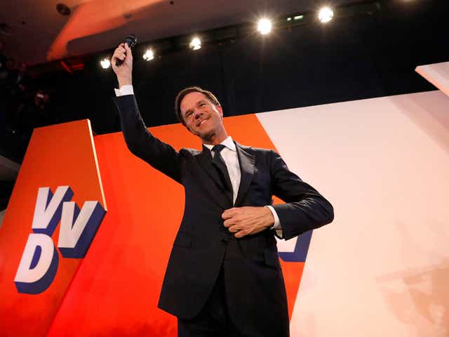 Dutch Prime Minister Mark Rutte of the VVD party appears before his supporters in The Hague