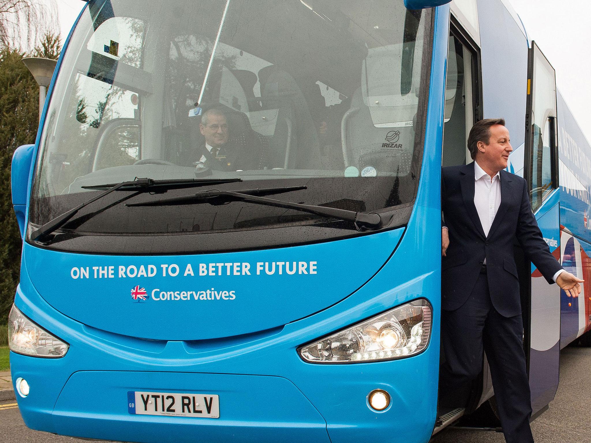 David Cameron campaigning with the blue Tory battlebus