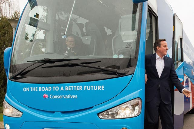 David Cameron steps of the Conservative battlebus in 2015