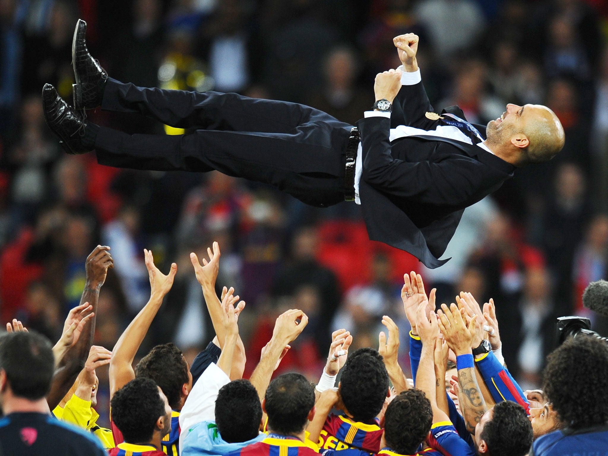 Pep Guardiola and Barcelona celebrate winning the Champions League in 2011