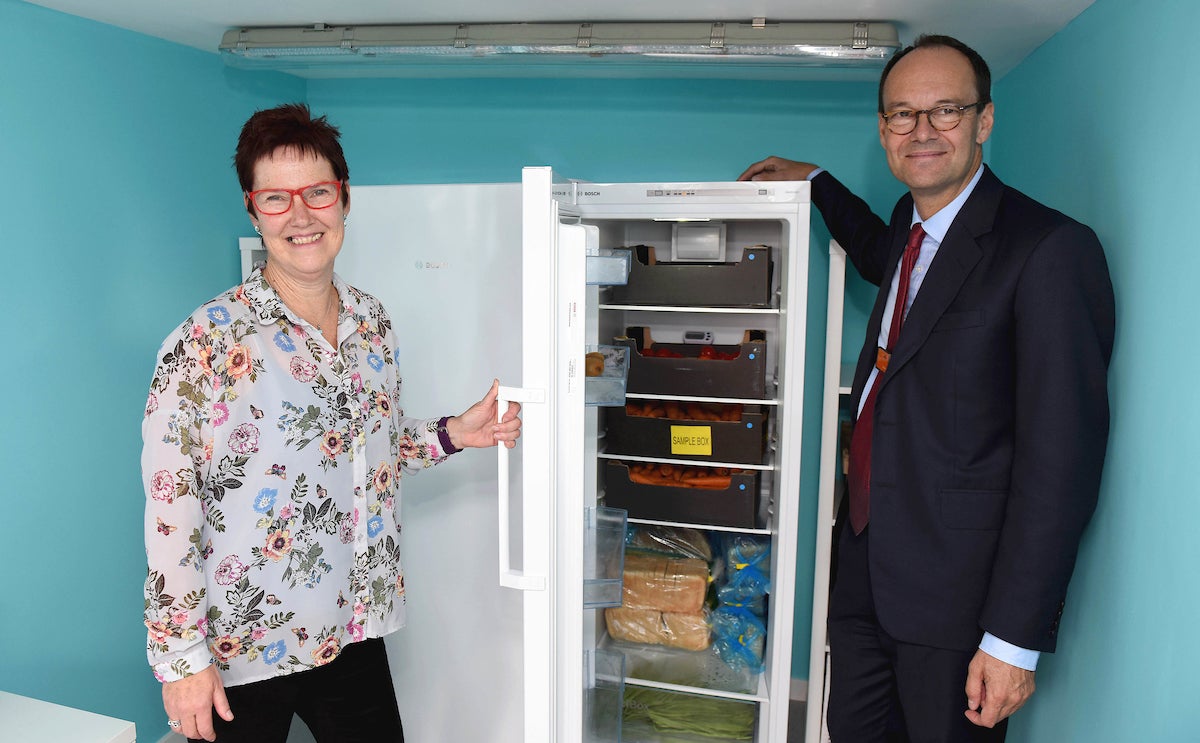 Sainsbury’s CEO Mike Coupe checks out the community fridge (Sam Bagnall)