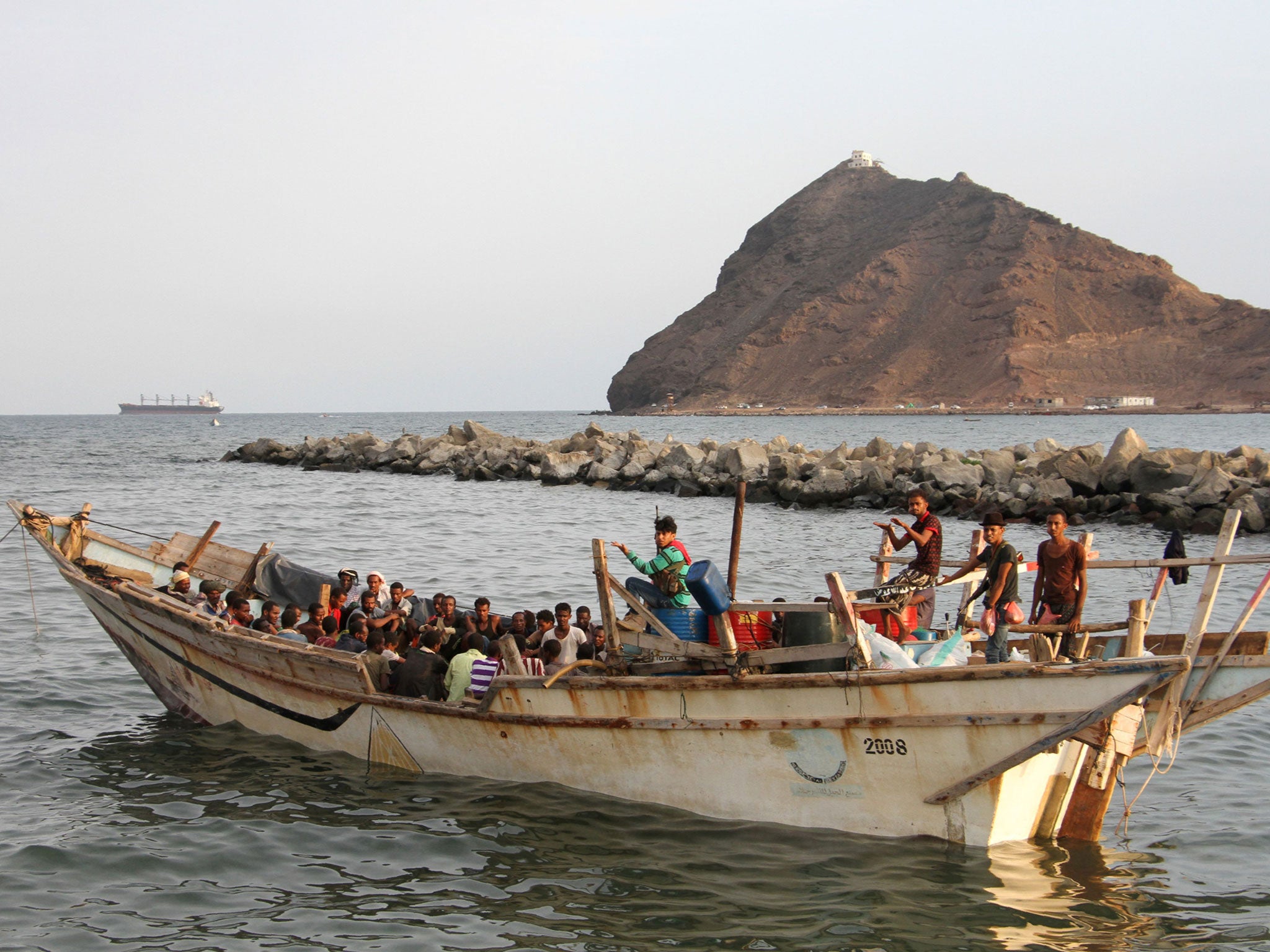 African migrants on a boat in the southern port city of Aden on 26 September 2016, before being deported to Somalia (Getty)