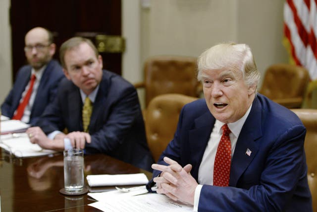 President Donald Trump discusses the federal budget in the Roosevelt Room of the White House on 22 February 2017