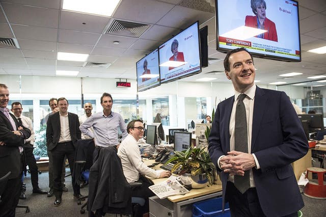 George Osborne, the incoming editor of the London Evening Standard, meets staff at the newspaper on the day his appointment was announced