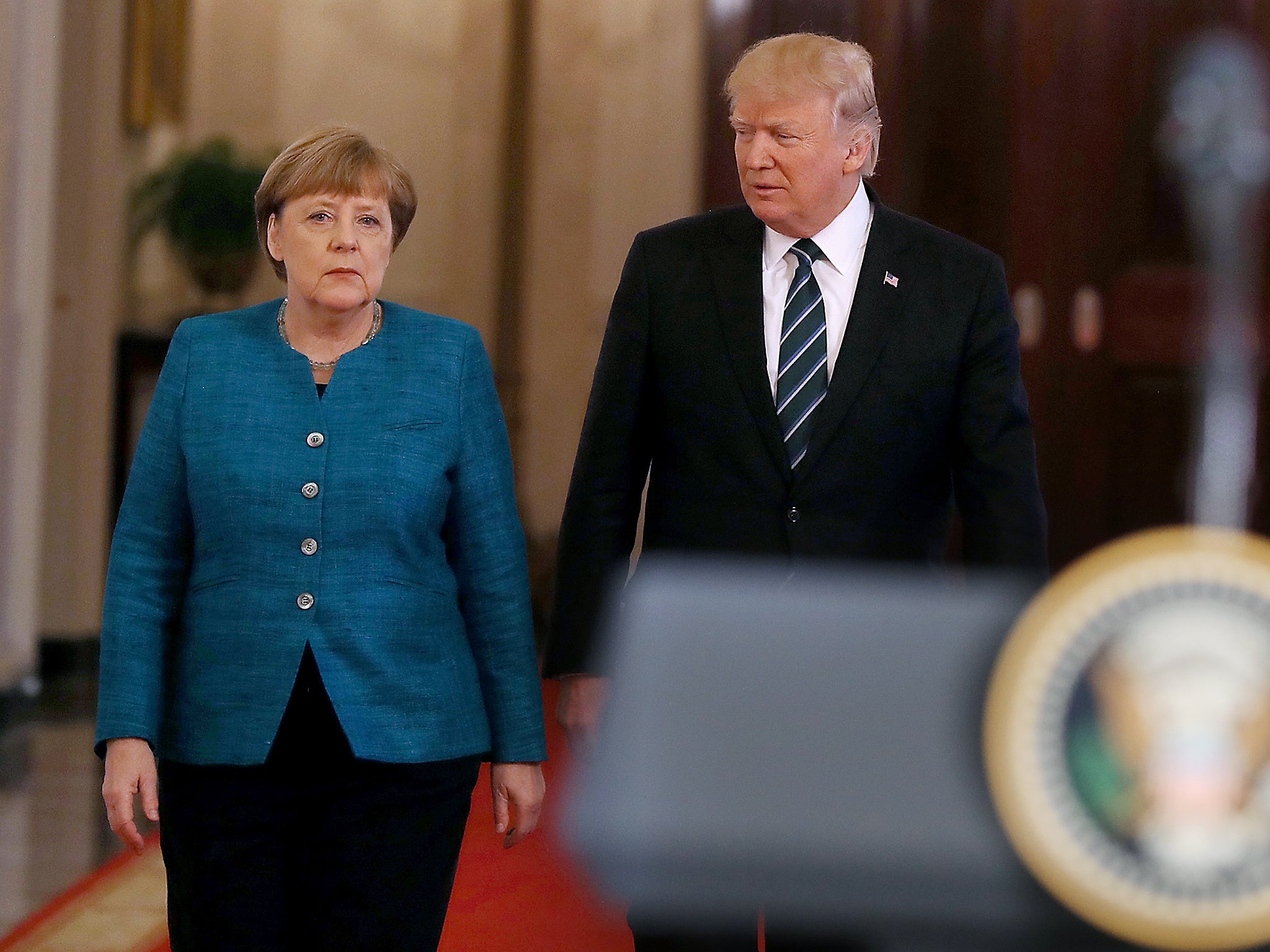 Ms Merkel is said to have ‘ignored the provocation’ shown by her Washington host