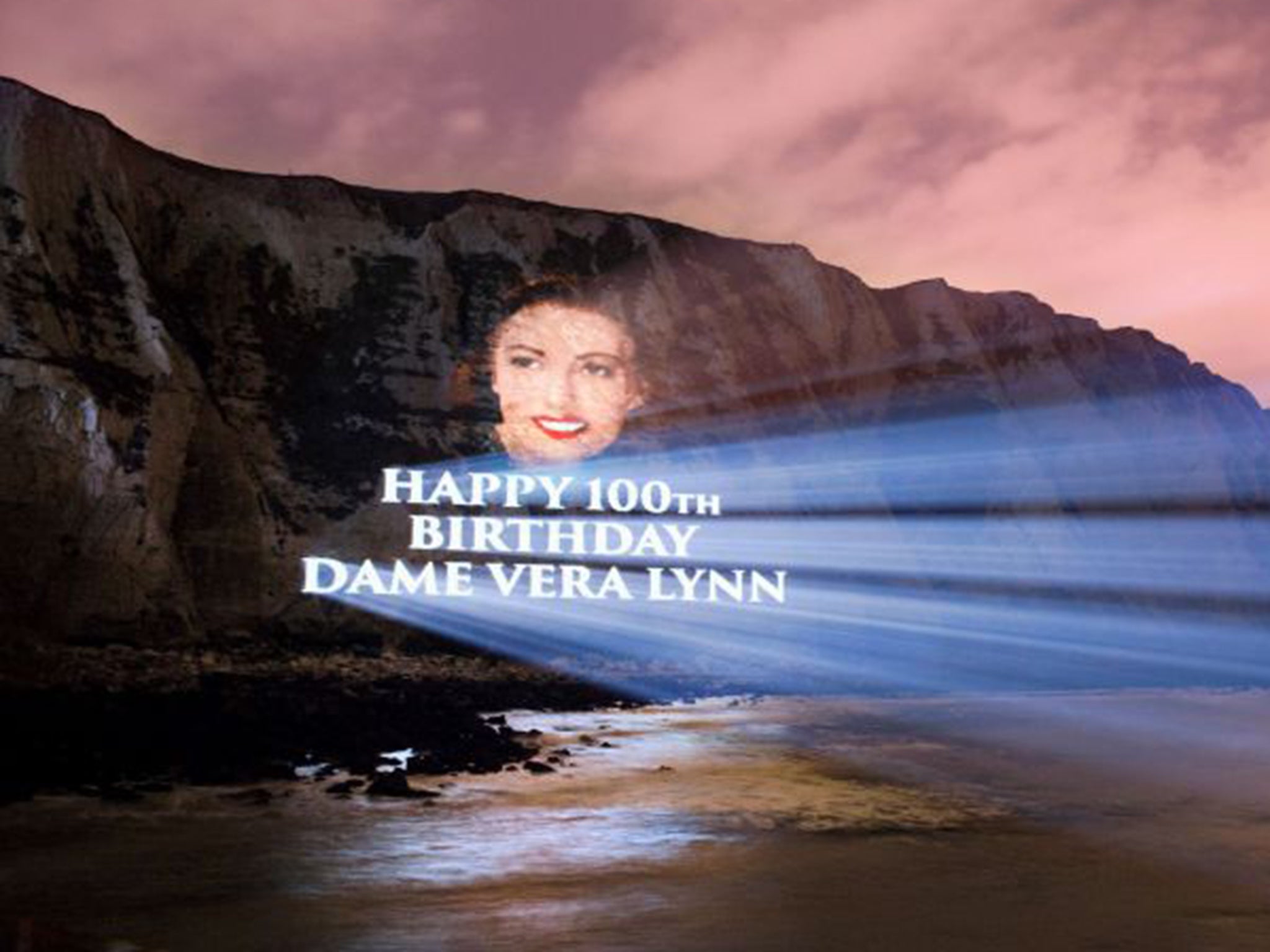 Dame Vera Lynn portrait projected onto the White Cliffs of Dover to celebrate Dame Vera's 100th birthday and release of her new album 'Vera Lynn 100'