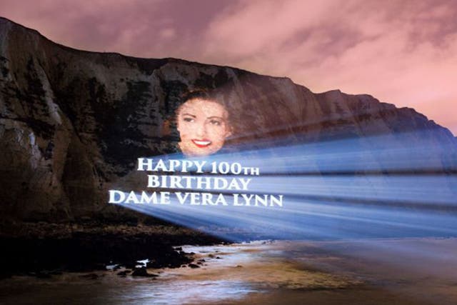 Dame Vera Lynn portrait projected onto the White Cliffs of Dover to celebrate Dame Vera's 100th birthday and release of her new album 'Vera Lynn 100'