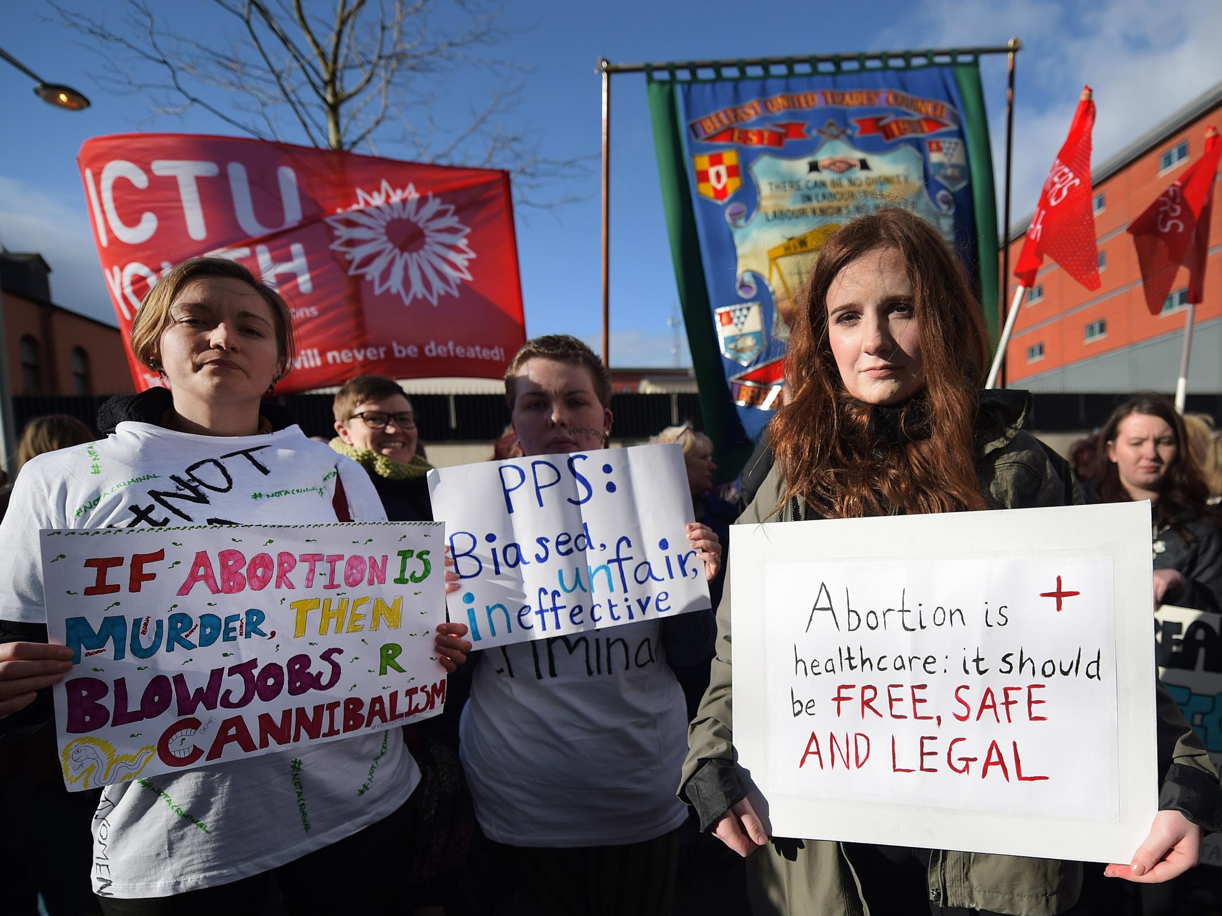 Pro-choice campaigners gather outside Belfast's Public Prosecution office in support of a 21-year-old Northern Irish women who was convicted and sentenced for terminating her pregnancy