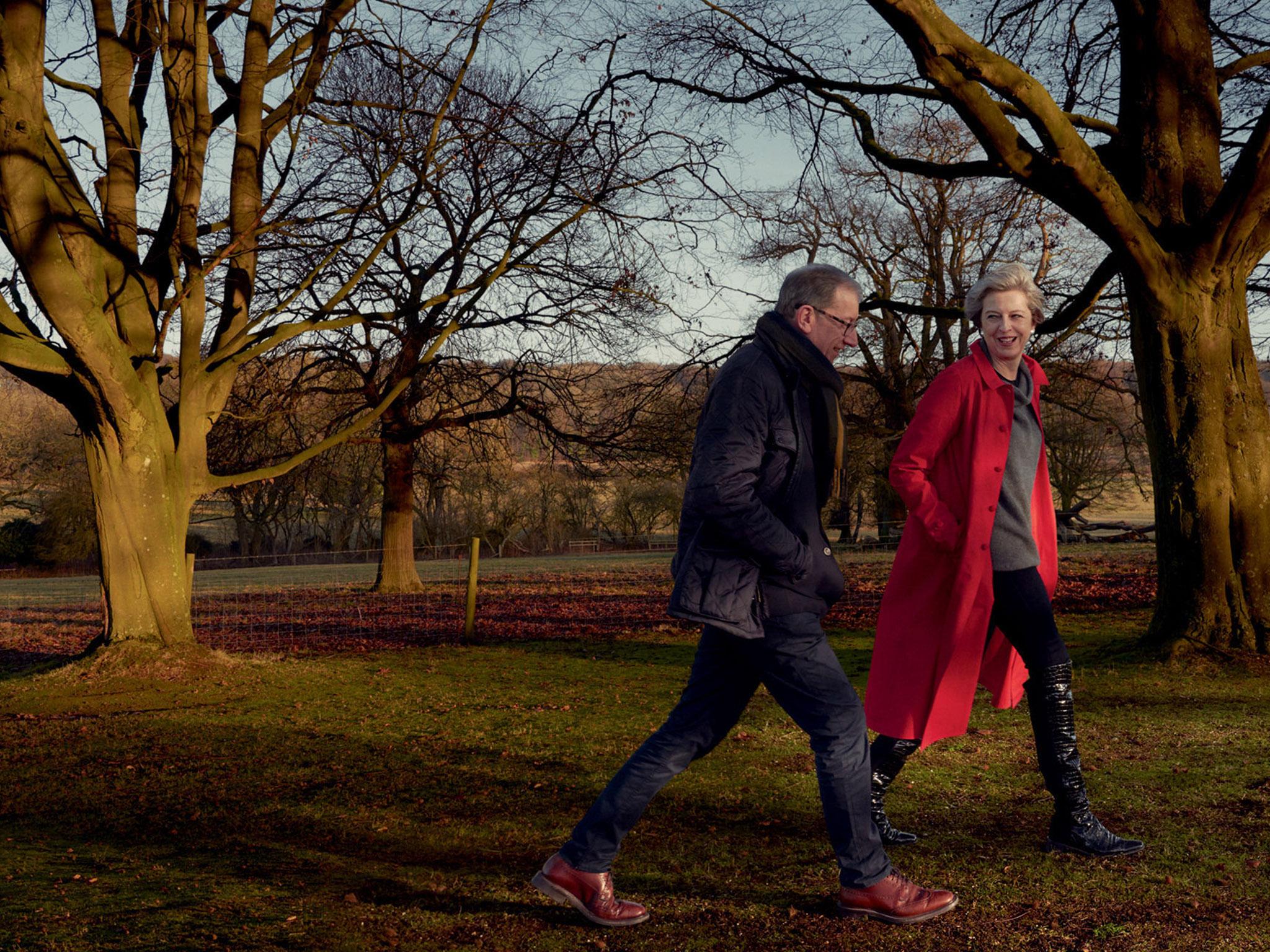 Theresa May with her husband Philip. Mrs May is wearing an Egg coat and a Sine for Egg sweater as she was photographed by Annie Leibovitz for American Vogue