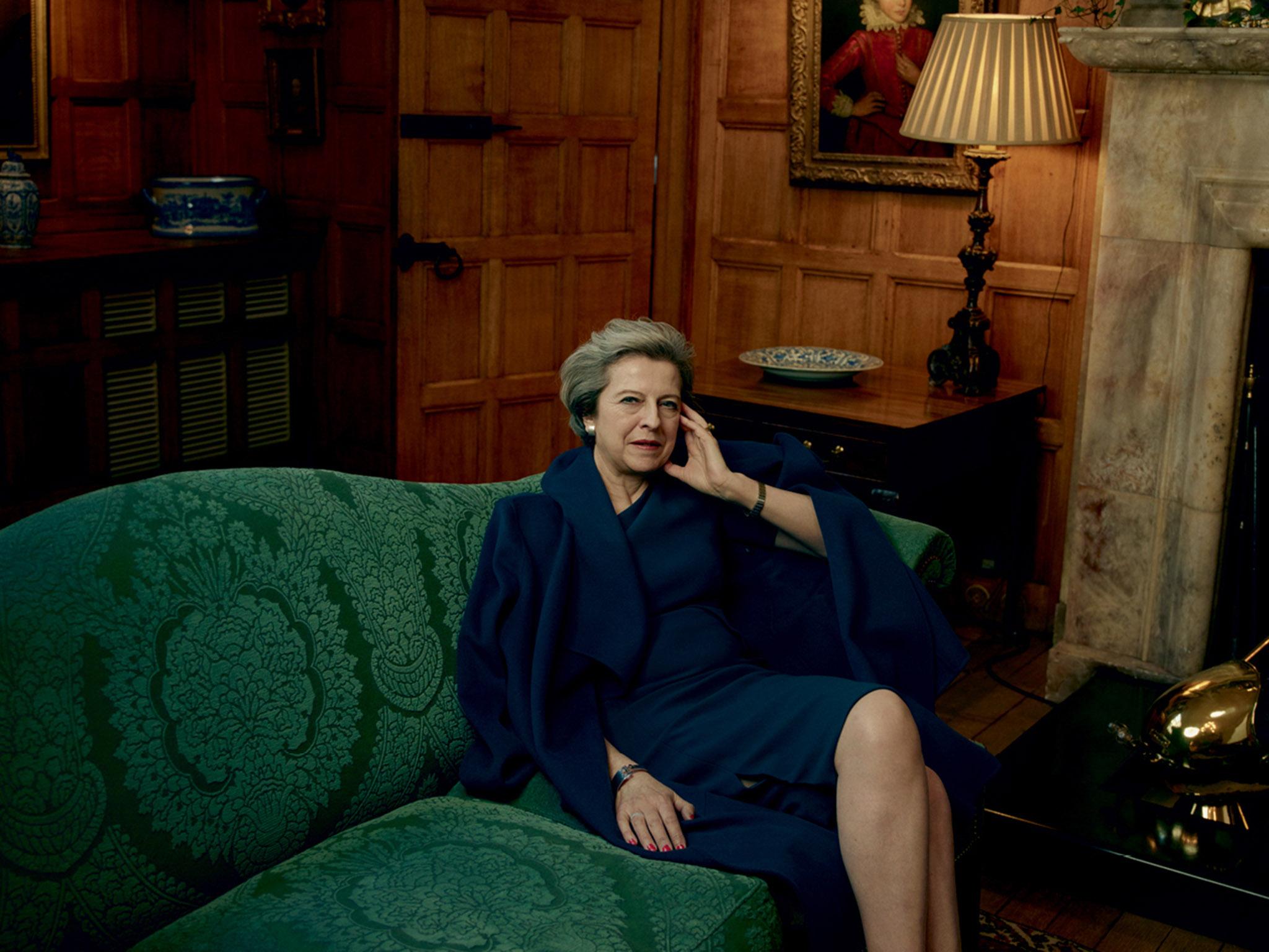 Theresa May, wearing an L.K.Bennett coat and dress as she was photographed by Annie Leibovitz for American Vogue