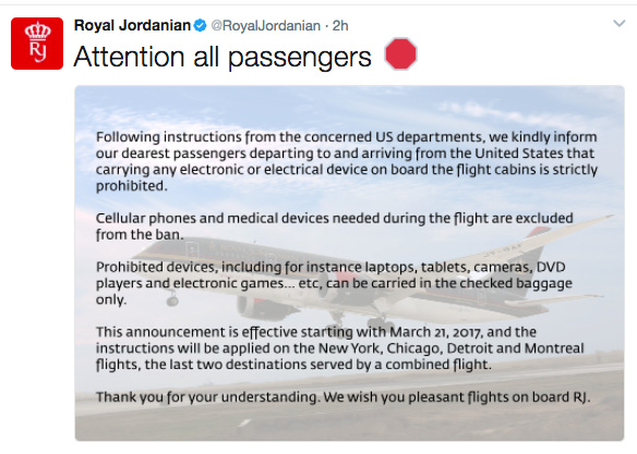 Now you see it: deleted tweet from Royal Jordanian Airlines about the new ban on electronic devices