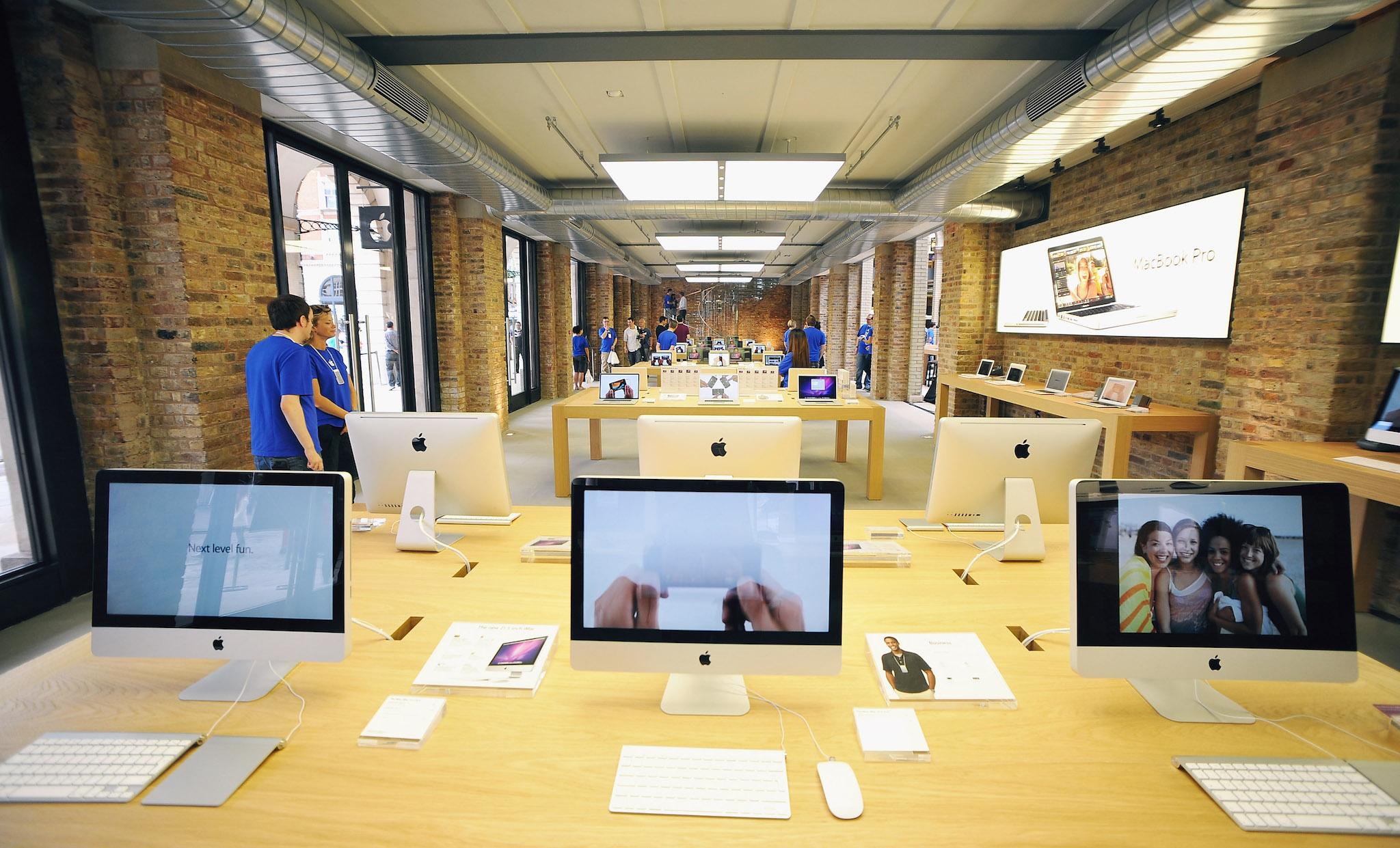 Tables of Apple Mac products on display in the new Apple Store In Covent Garden on August 5, 2010 in London, England