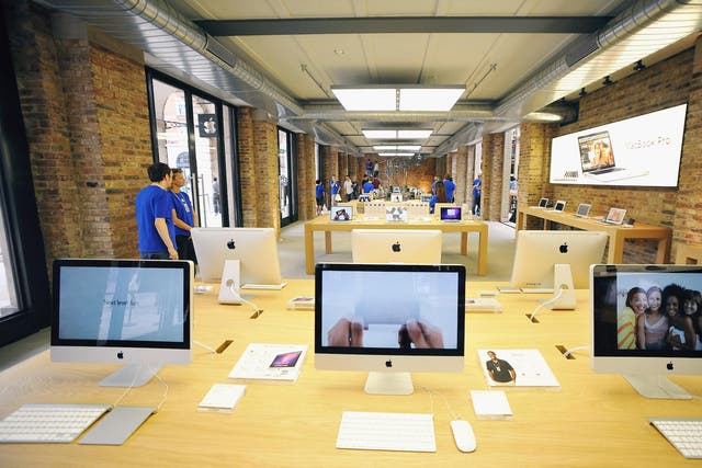 Tables of Apple Mac products on display in the new Apple Store In Covent Garden on August 5, 2010 in London, England