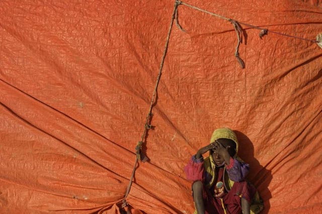 A Somali boy sits outside his makeshift hut at a camp for people displaced from their homes by drought