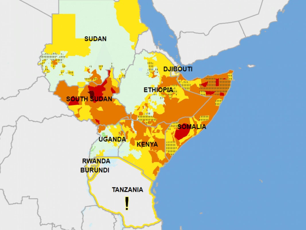 A USAID food insecurity forecast for June to September 2017 predicts food stress (yellow), crisis (orange), emergency (red) and famine (dark red) across East Africa. The exclamation points - in Tanzania, Somalia, Ethiopia and elsewhere - indicate counties whose food insecurity status would be worse, if not for foreign aid donations