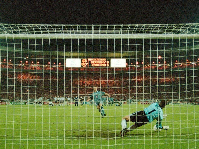 Gareth Southgate has his penalty saved by Andreas Köpke during the penalty shoot out at the 1996 Euro semi-final between England and Germany