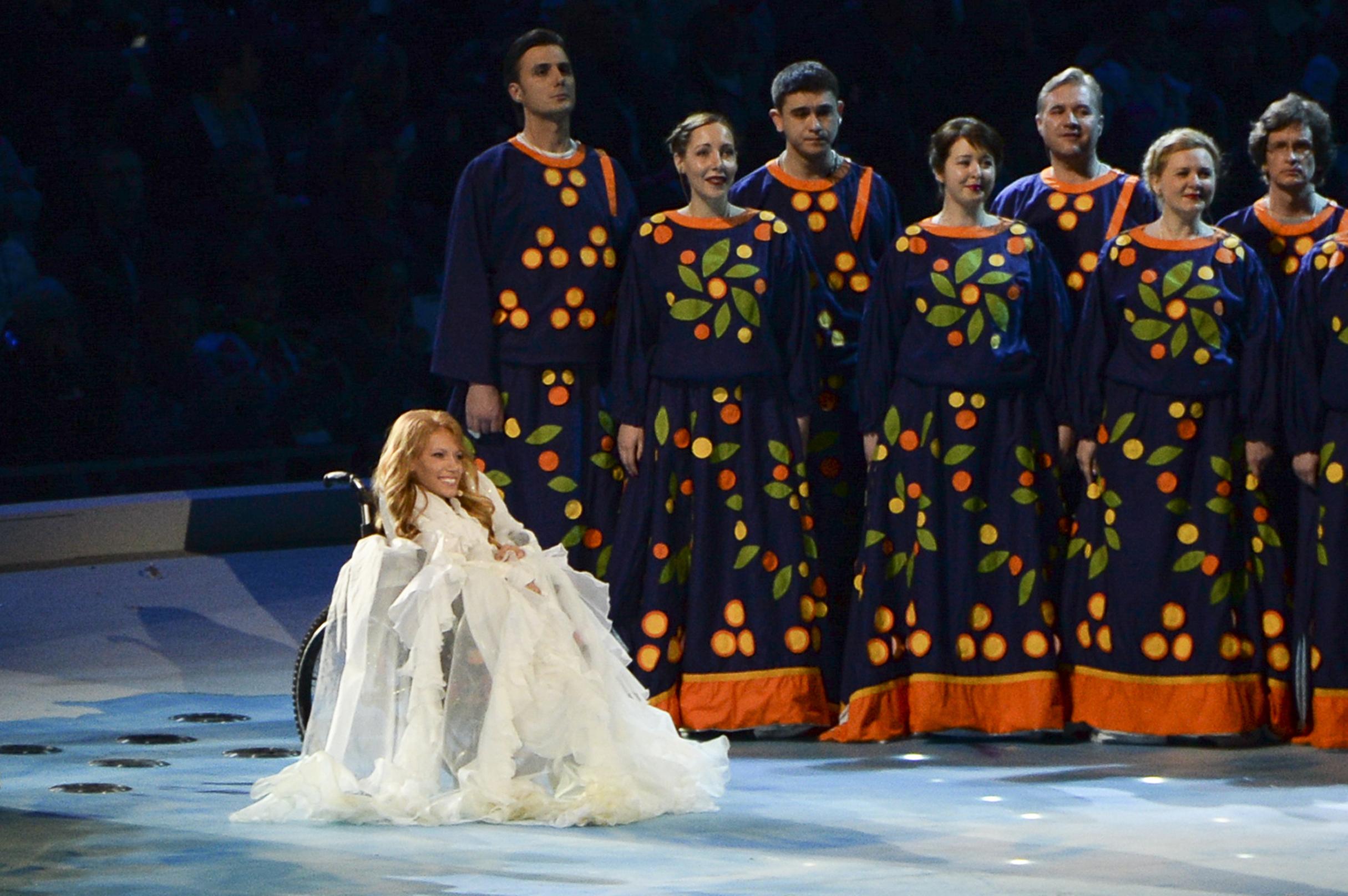 Yulia Samoylova sings during the opening ceremony of the 2014 Paralympic Games
