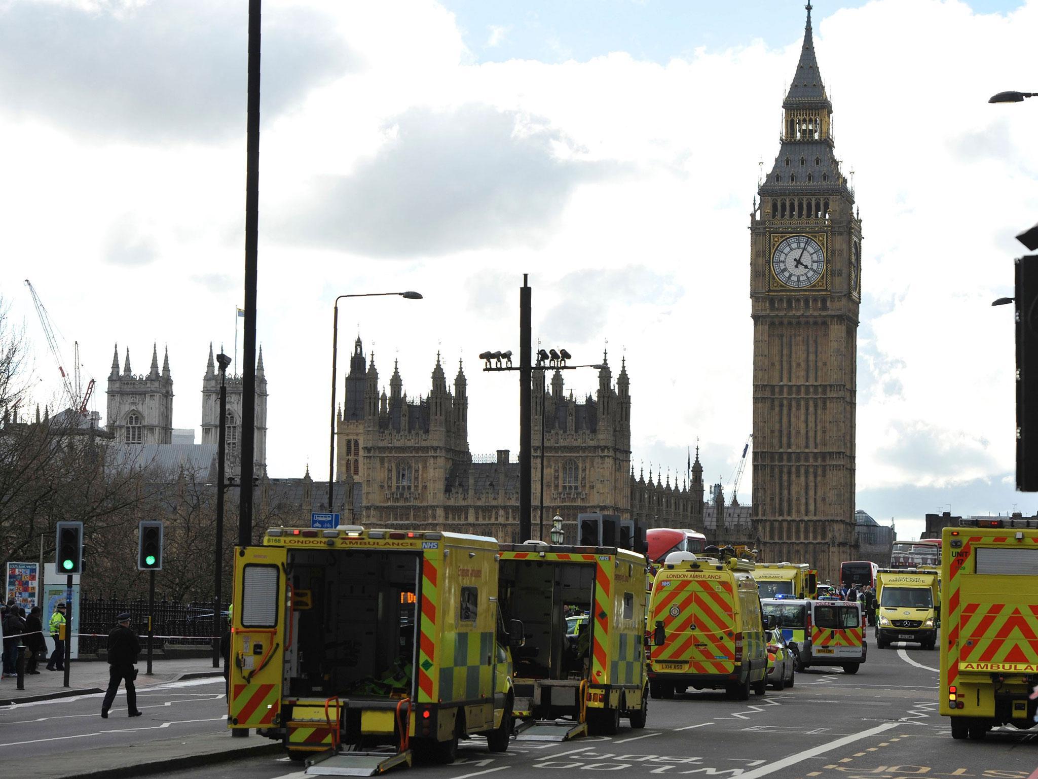 Ambulances line Westminster Bridge after a car and knife attack on 22 March