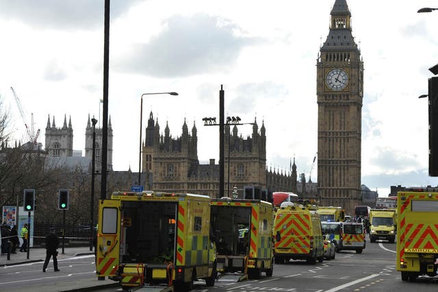 Ambulances line Westminster Bridge after Parliament was put on lockdown on Wednesday afternoon