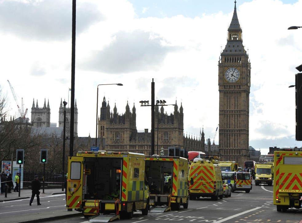 Ambulances line Westminster Bridge after Parliament was put on lockdown on Wednesday afternoon
