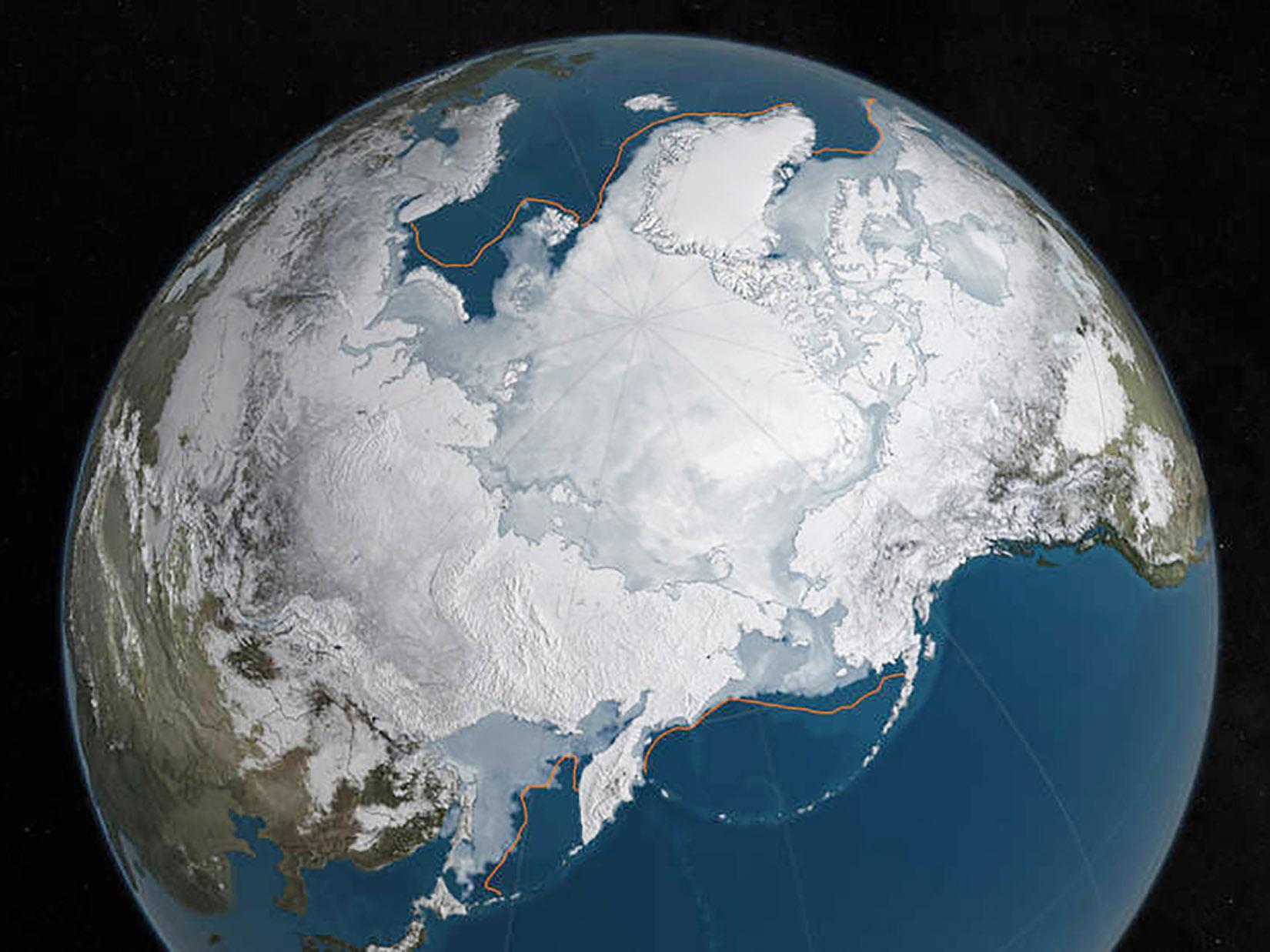 A NASA illustration shows Arctic sea ice at a record low for wintertime