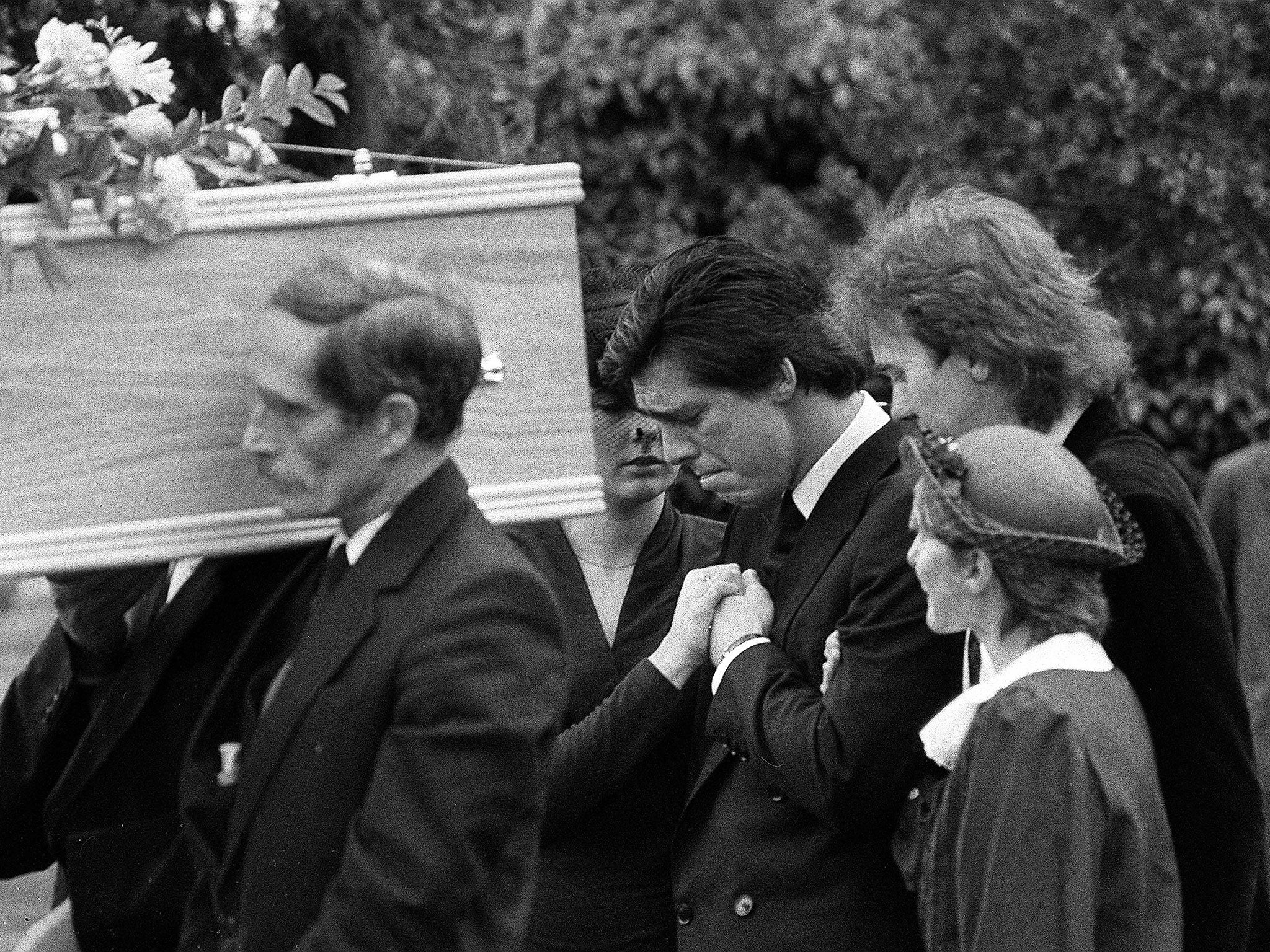 Jeremy Bamber (centre) appears grief-stricken at the funeral in 1985 of his adoptive parents, Nevill and June, and sister Sheila. He was later convicted of the murder of all three, as well as that of Sheila’s six-year-old twin sons