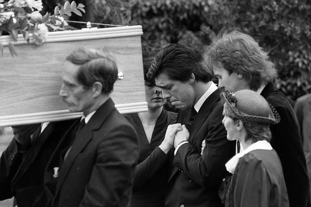 Jeremy Bamber (centre) appears grief-stricken at the funeral in 1985 of his adoptive parents, Nevill and June, and sister Sheila. He was later convicted of the murder of all three, as well as that of Sheila’s six-year-old twin sons