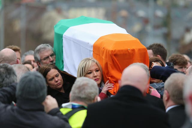 Sinn Fein’s Gerry Adams and Michelle O'Neill carrying Martin McGuinness's coffin