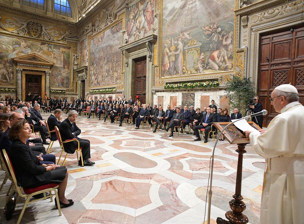 Pope Francis during an audience with 27 heads of State or government at the Vatican