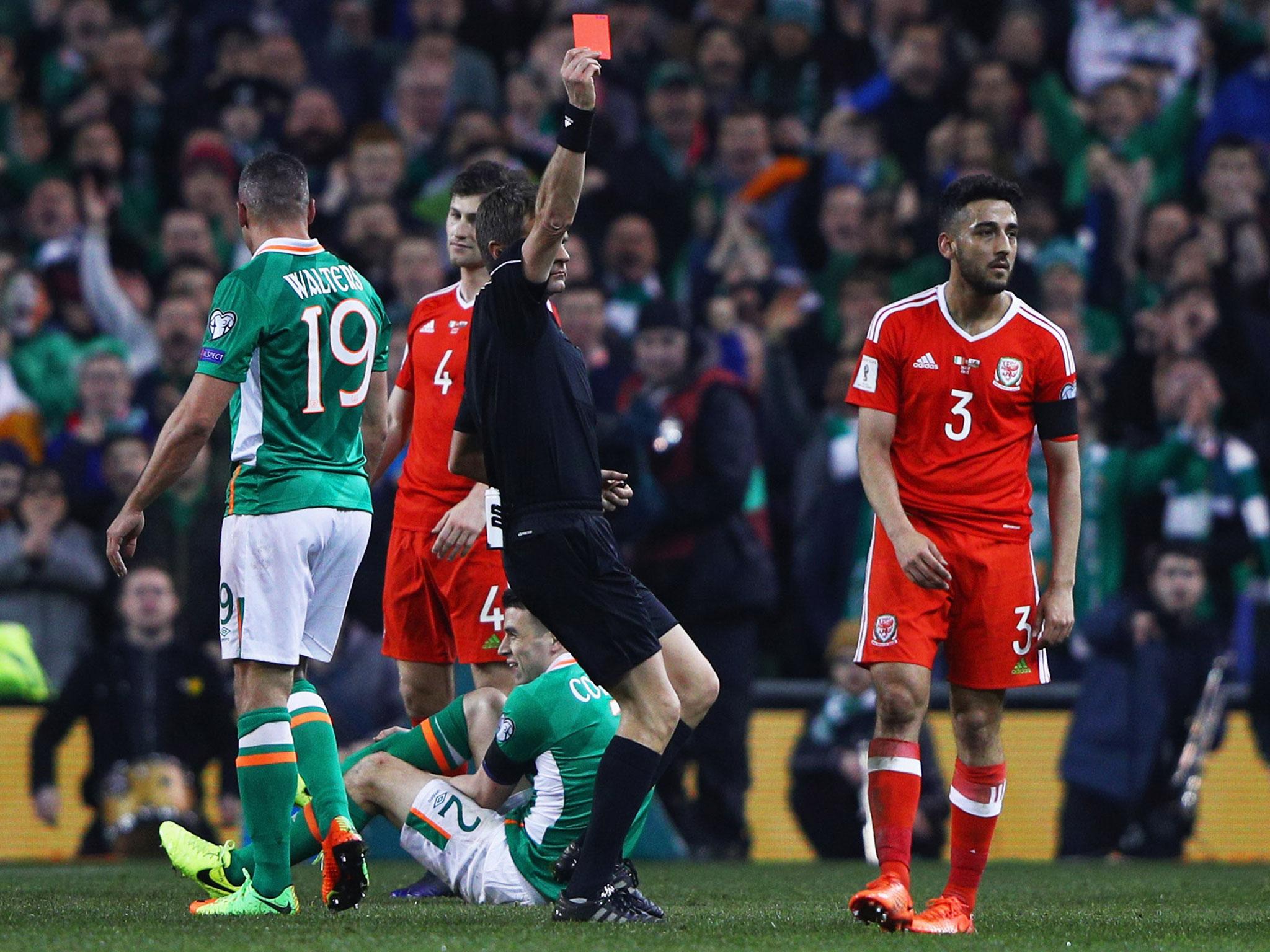 Neil Taylor was sent-off for his challenge on Republic of Ireland defender Seamus Coleman