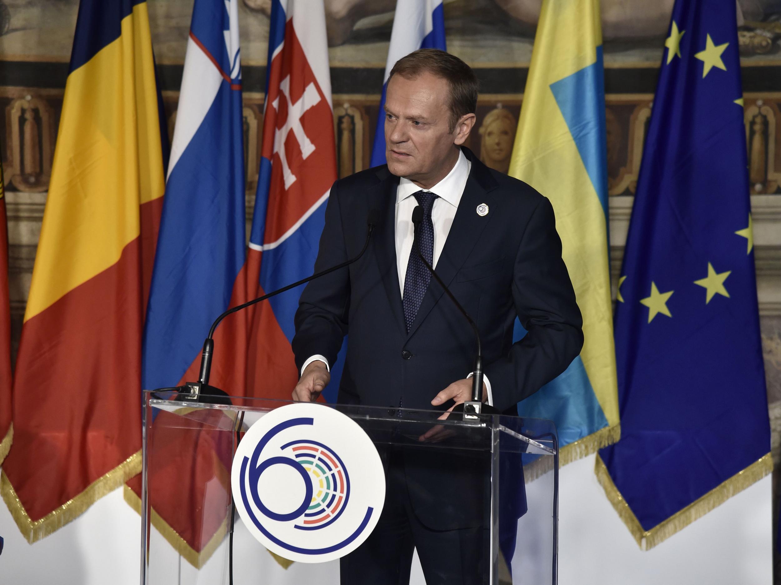 European Council President Donald Tusk delivers a speech during a special summit of EU leaders to mark the 60th anniversary of the bloc's founding Treaty of Rome