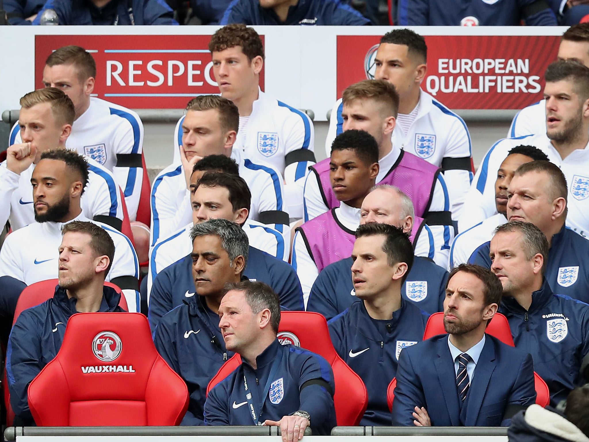 Ross Barkley (back-row centre) has to sit out another England match after being left on the bench