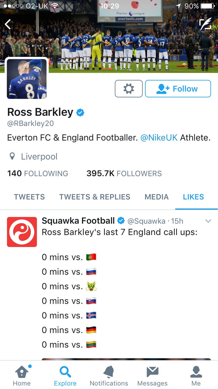 Ross Barkley liked a post on Twitter that highlighted how little international football he's played in the last year