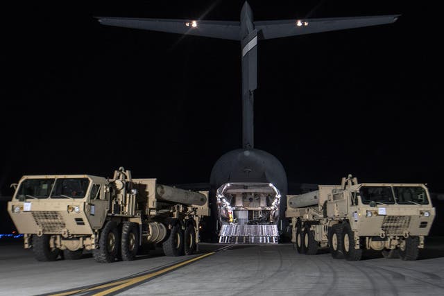 Terminal High Altitude Area Defense (THAAD) interceptors arrive at Osan Air Base in Pyeongtaek, South Korea