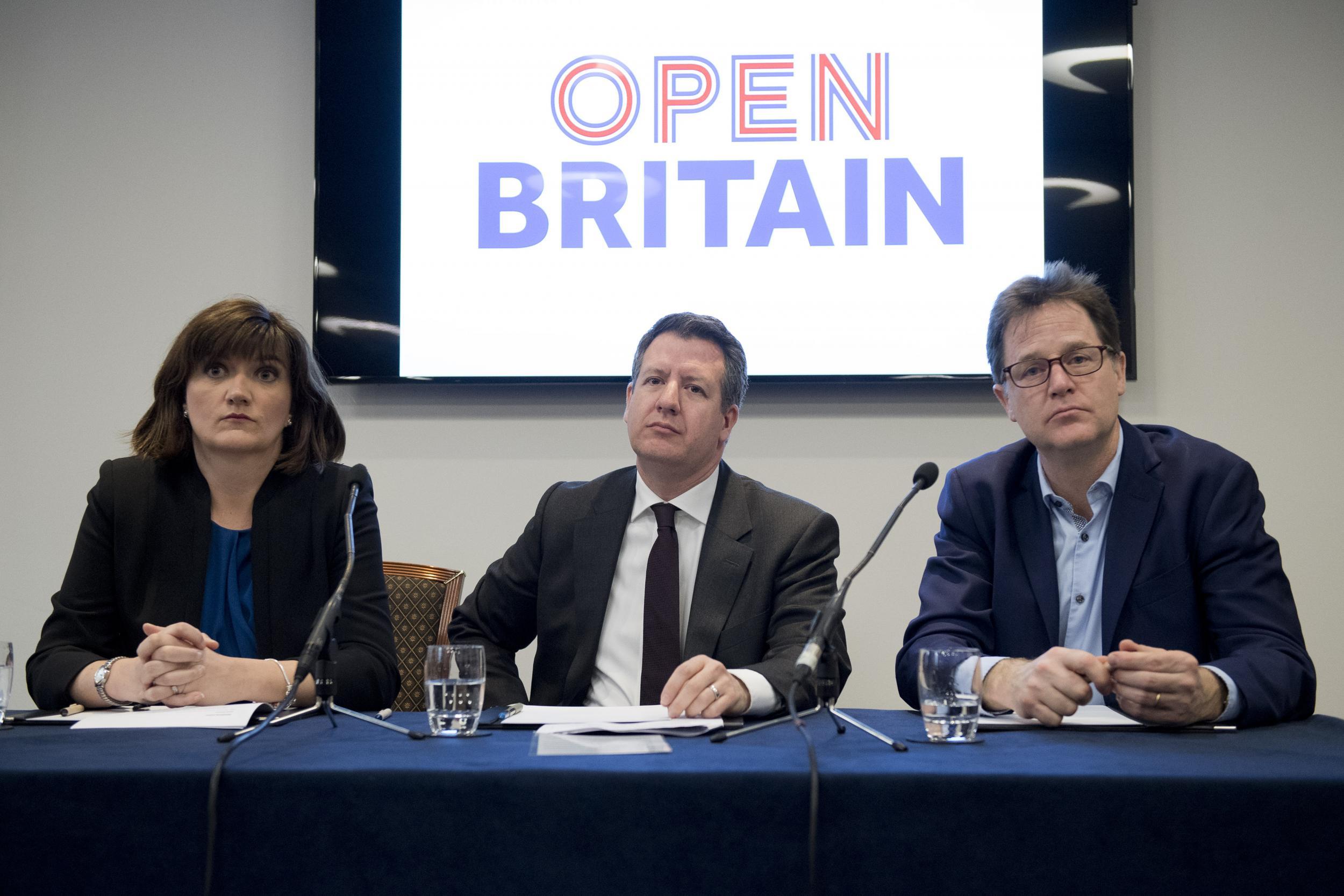 Tory MP Nicky Morgan with Labour MP Chris Leslie and former Lib Dem leader Nick Clegg at the Open Britain event