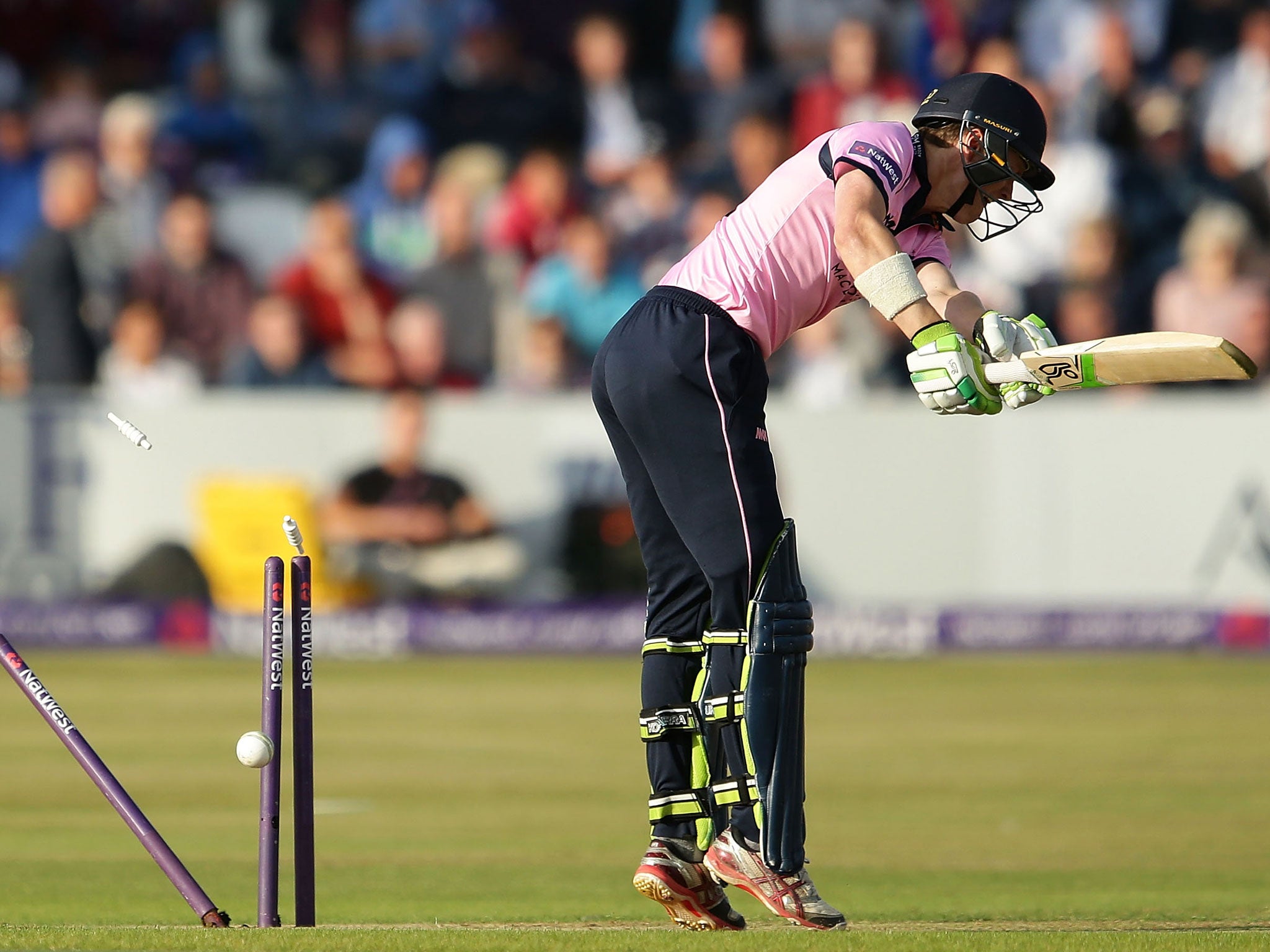 Nick Gubbins is bowled by Richard Gleeson during the NatWest T20 Blast quarter-final match between Northamptonshire Steelbacks and Middlesex last August