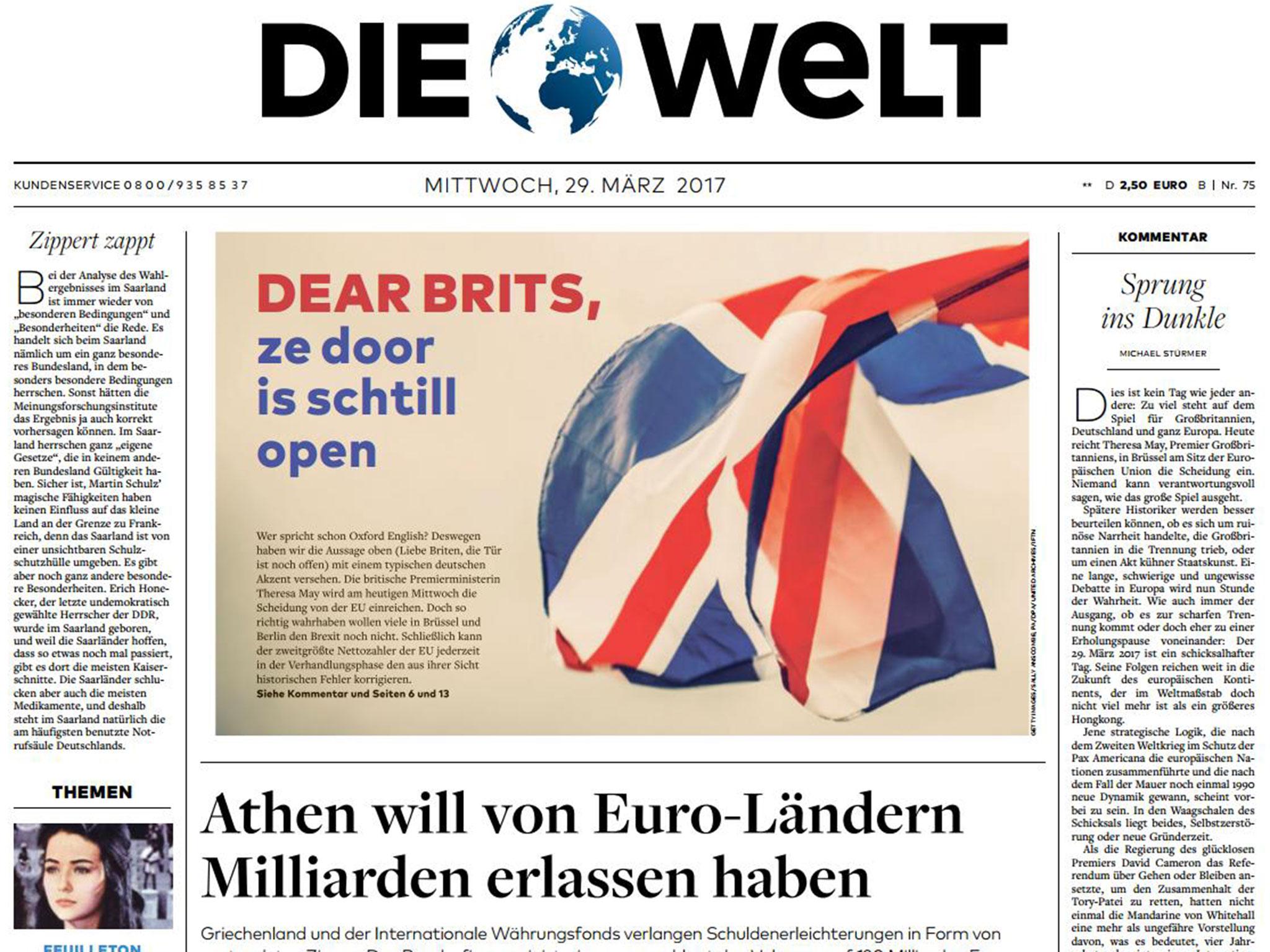 Die Welt's front page on 29 March