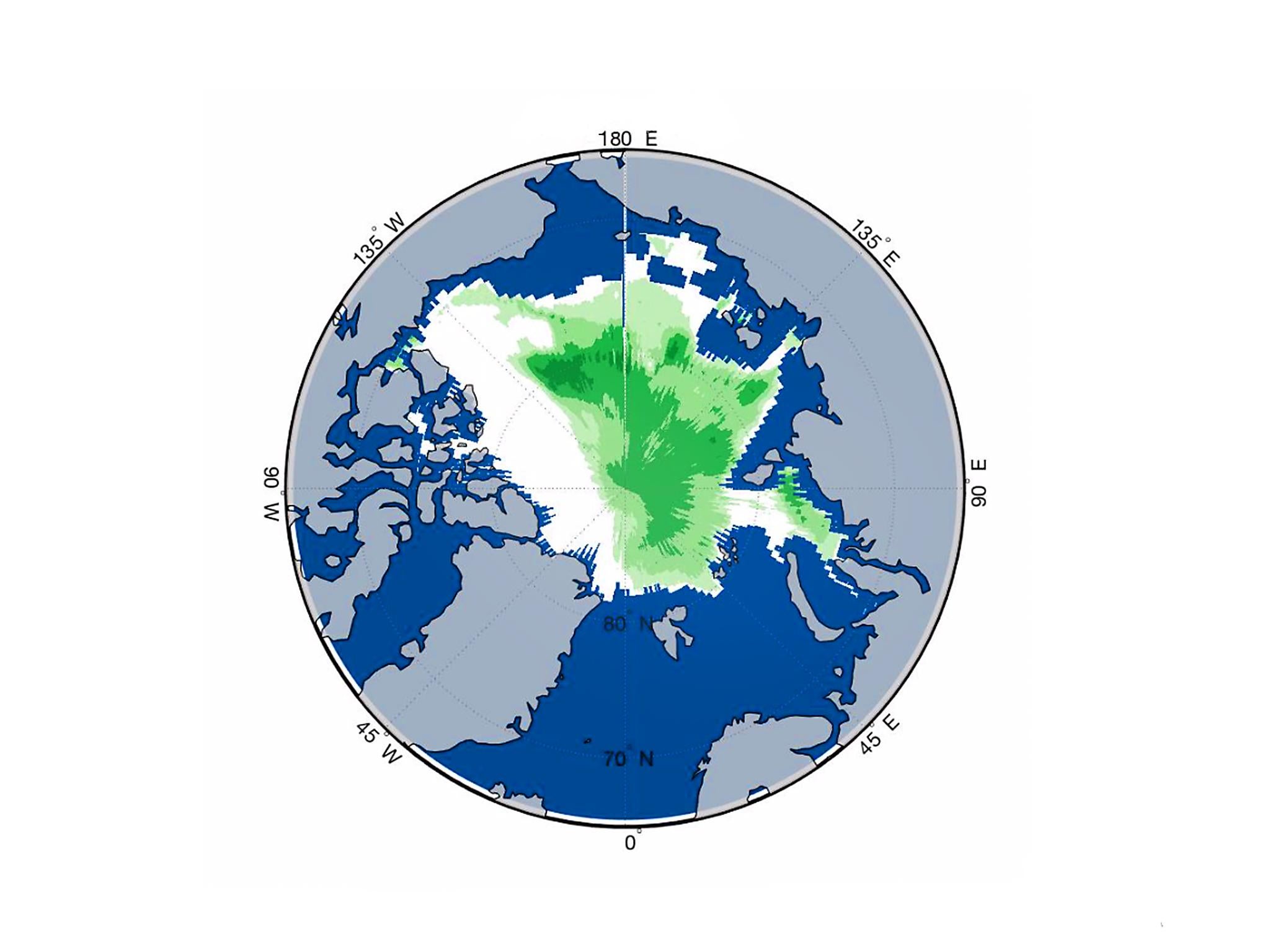 This computer model shows areas of ice thin enough to allow plankton to grow underneath