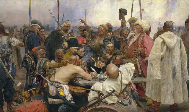 Ilya Repin’s painting of the Zaporozhian Cossacks’ missive to Sultan Mehmed IV (1880-91). But will Sir Tim Barrow’s journey to Brussels last week get a similar treatment one day?