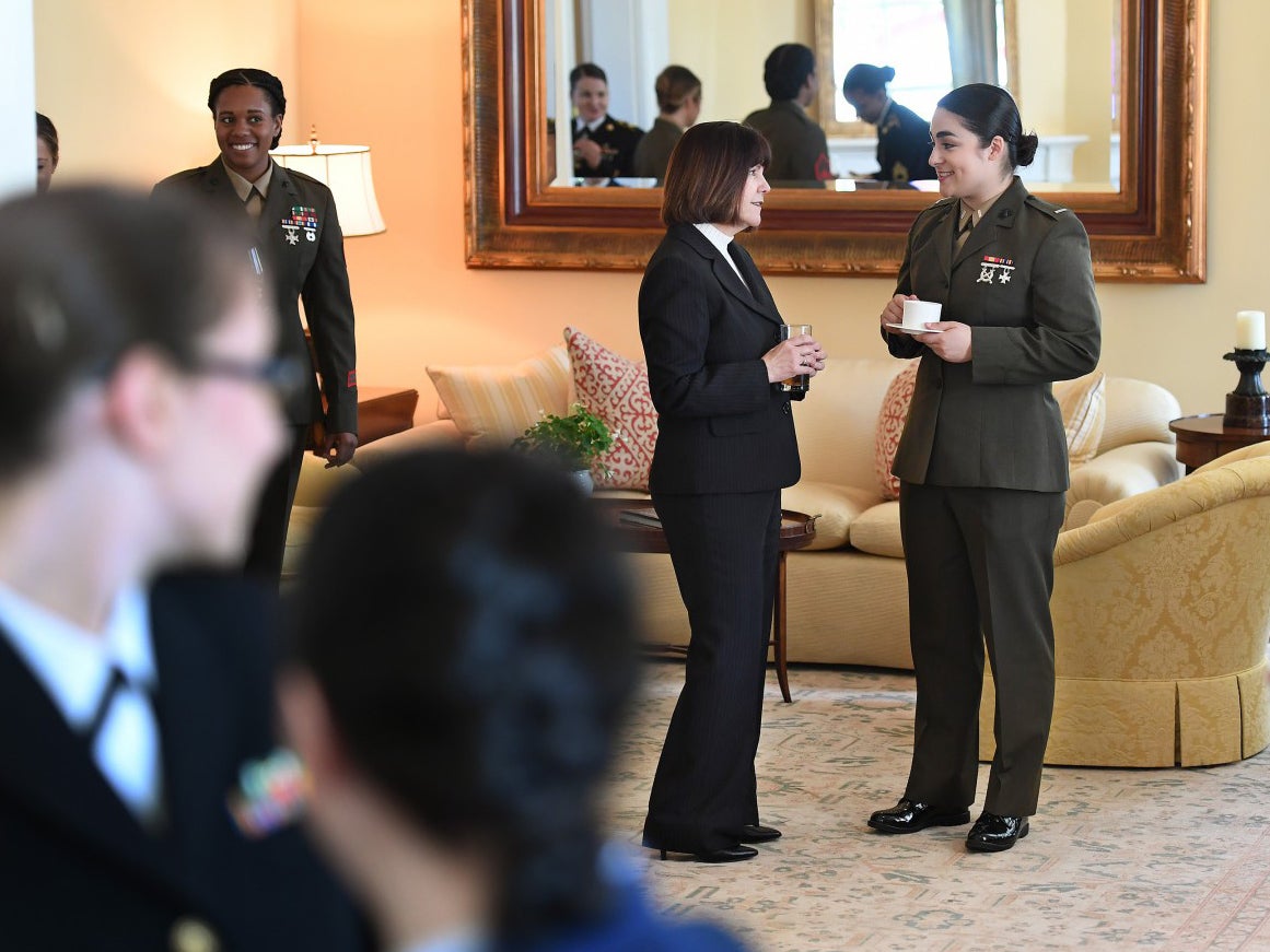 Karen Pence talks to US Marine Corps 1st Lt. Talia Bastien at her residence on the grounds of the US Naval Observatory