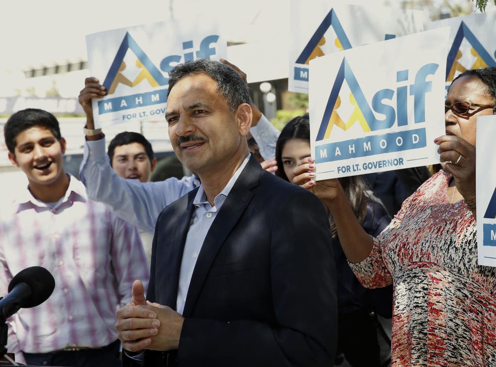 Dr. Asif Mahmood announces he is joining the 2018 race for California's lieutenant governor in front of the US Immigration and Customs Enforcement field office in downtown Los Angeles