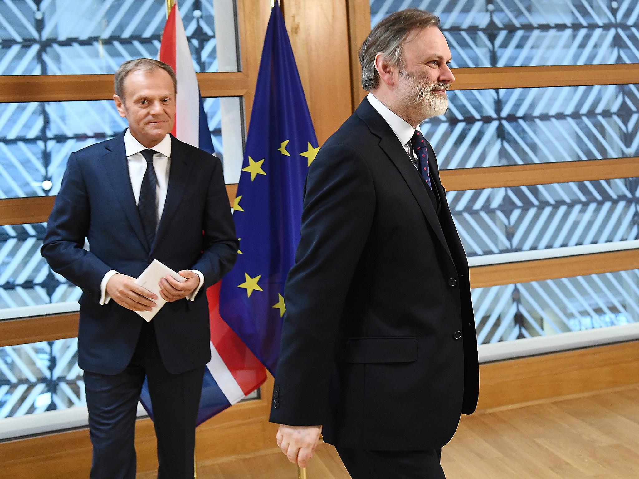 British ambassador to the EU, Sir Tim Barrow leaves after delivering the official notice under Article 50 of the Lisbon Treaty to European Council President Donald Tusk in Brussels, Belgium