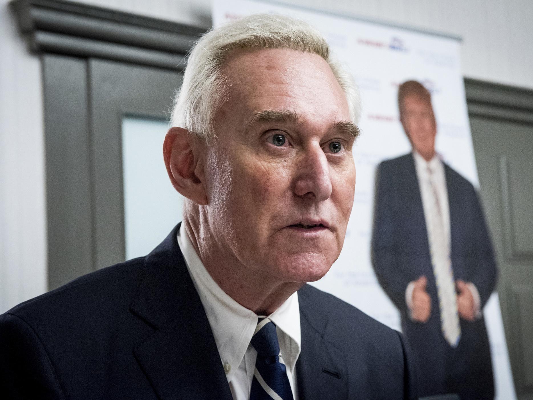 Roger Stone speaks to members of the conservative group America First at the Marriott in Boca Raton, Florida